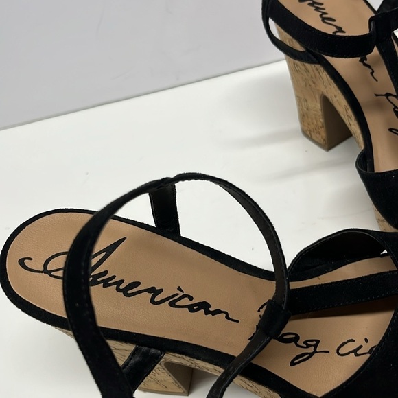 American Rag Cie Platform Sandal Size 9  Black Buckle Ankle Strap Cork 5” heel - Picture 7 of 10